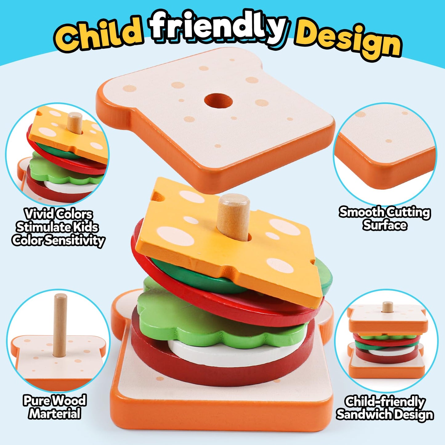 Kizh Wooden Sandwich Sorting Stacking Toys Play Food Set For Toddlers Preschool Educational Montessori Toys Fine Motor Toys For Kids Boys Girls
