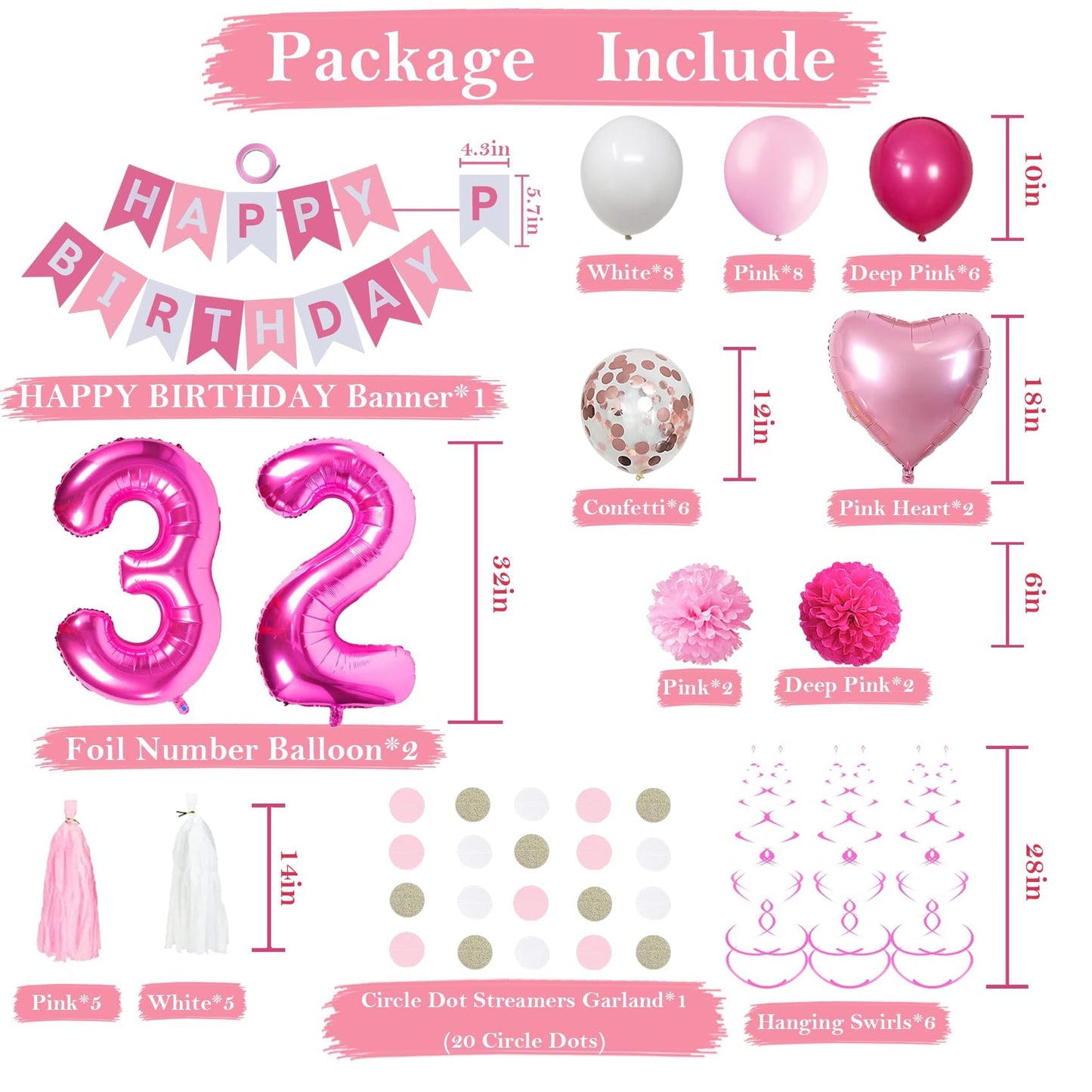 Sweet 32Nd Birthday Decorations For Women, Pink And White 32 Happy Birthday Balloons, 32Th Birthday Party Supplies Including Pin