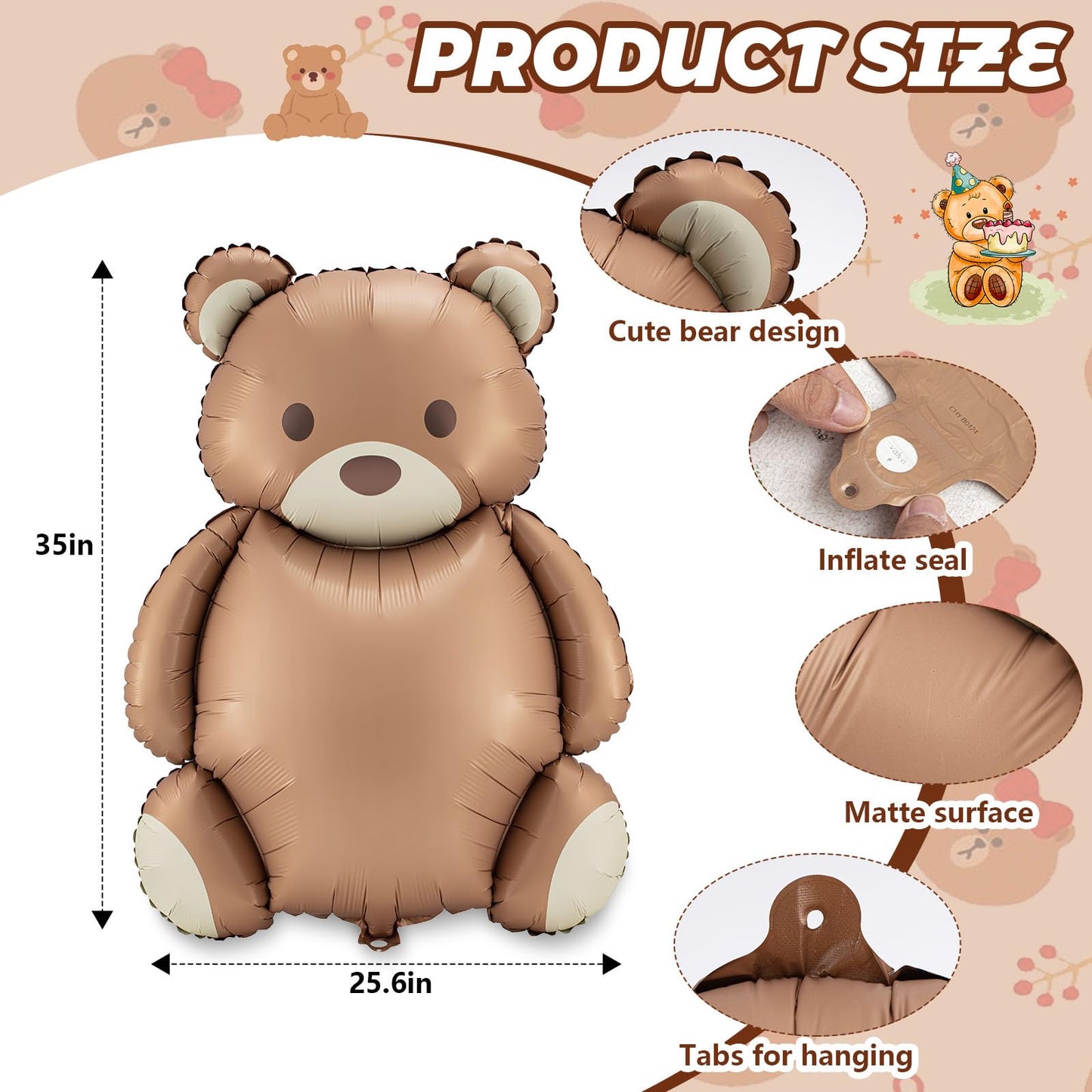 Simgoing 12 Pcs 21x35 Big Brown Bear Balloons Matte Cartoon Bear Foil Birthday Balloons for Home Decor Jungle Animal Farm Safa