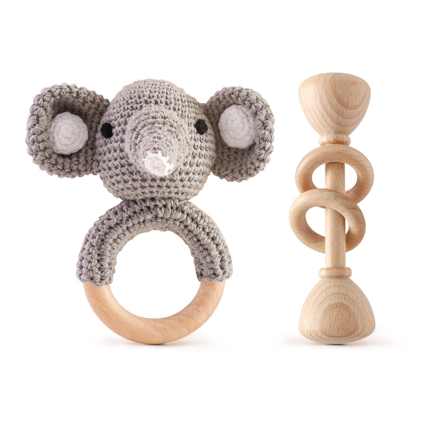 Wooden Baby Rattle Crochet Elephant And Wooden Rattle Baby Toys Set 2Pcs Handmade Newborn Toy Early Development Grips Stuffed An