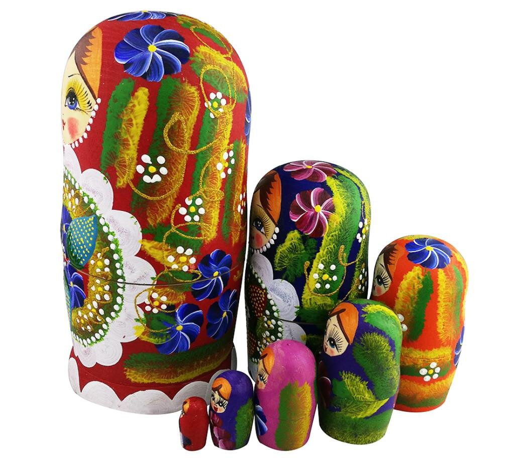 Winterworm 7Pcs Red Flowers And Berries Wooden Russian Nesting Dolls Matryoshka Russian Doll