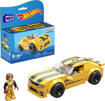 Mega Hot Wheels Building Toy Race Car Playset, 17 Camaro With 89 Pieces, 1 Micro Action Figure Driver, Yellow, Kids Age 5+ Years