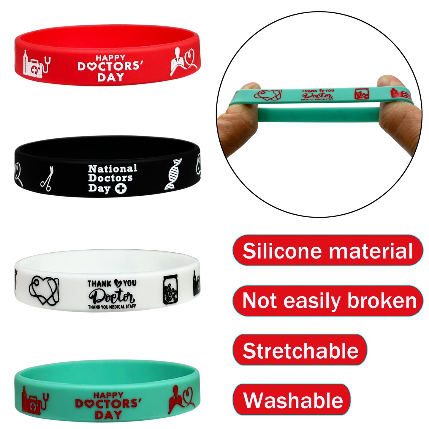 Fshanee 24Pcs Thanks Doctor Rubber Bracelets Happy Doctors Party Favors Doctor Party Supplies Silicone Wristbands National Docto