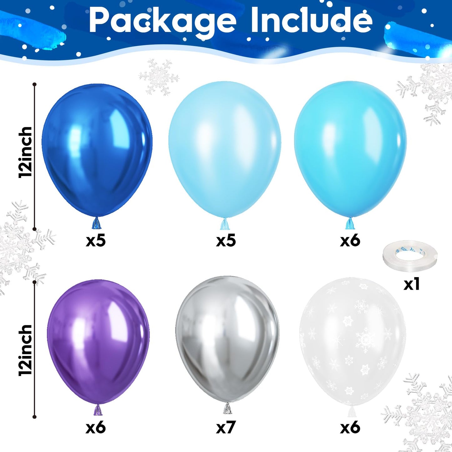 Frozen Balloons, Pastel Blue Metallic Purple Silver Balloon With Snowflake Latex Balloons, Frozen Birthday Party Decorations For