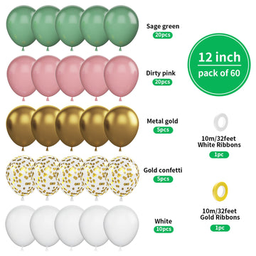 Biapian Pink Green Balloons, 60Pcs Retro Green Pink Gold Balloons, Sage Green White Dusty Pink Latex Balloons Metallic Gold Conf