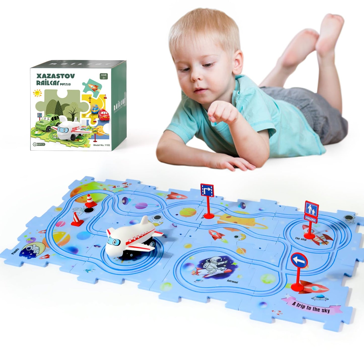 Xazastov Puzzle Track Car Play Set, Plastic Floor Puzzles For Kids Ages 3-5 With Vehicles, Electric Trolley Puzzle, Toys Gifts F