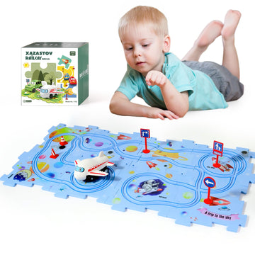 Xazastov Puzzle Track Car Play Set, Plastic Floor Puzzles For Kids Ages 3-5 With Vehicles, Electric Trolley Puzzle, Toys Gifts F
