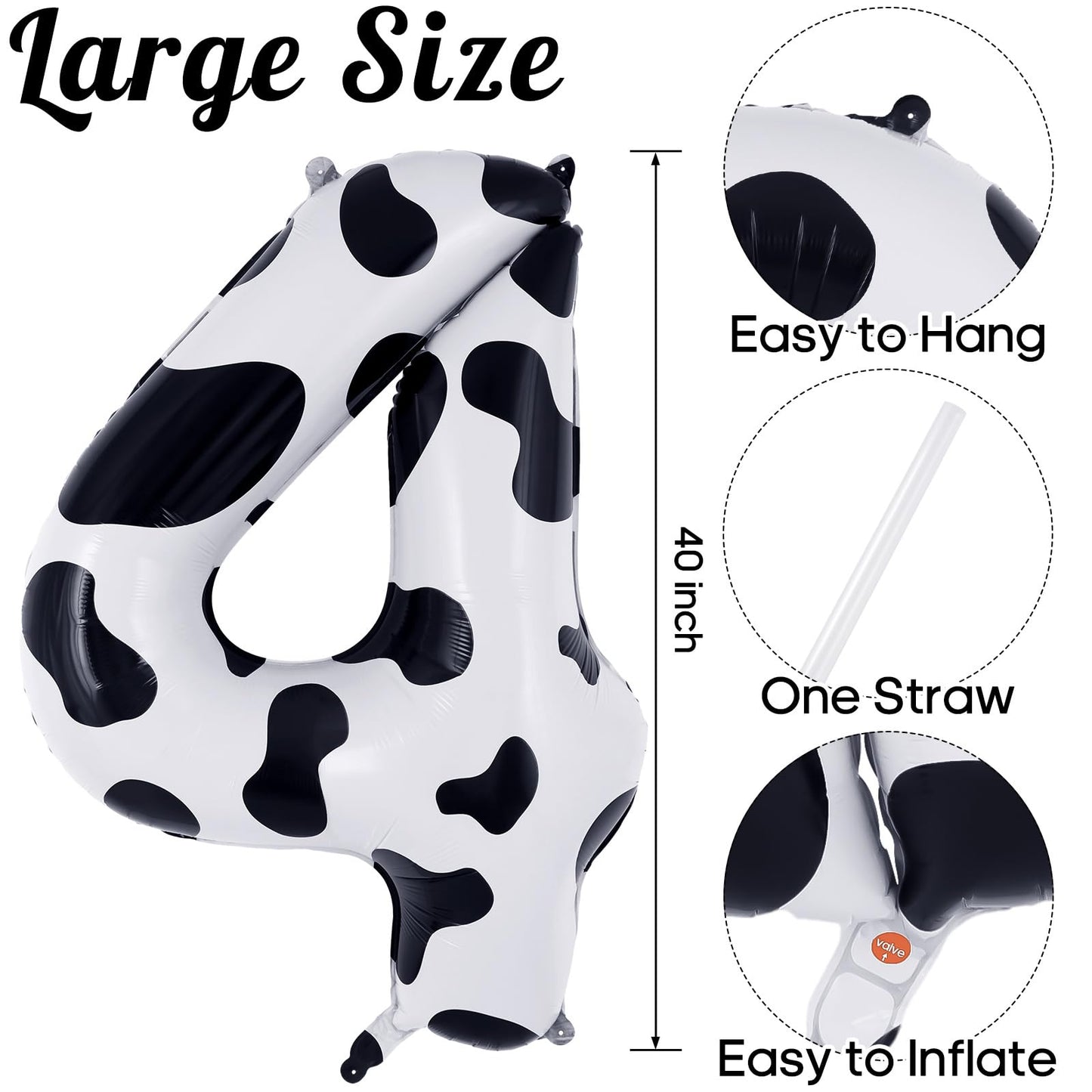 Cow Print Number 4 Balloon, Large 40 Inch Cow Number Birthday Balloons, Foil Mylar Number 4 Balloons For 4 Year Old Birthday Par