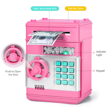 Piggy Bank For Boys Girls, Vcertcpl Atm Coin Bank Money Saving Box With Password, Kids Safe Money Jar With Auto Grab Bill Slot,