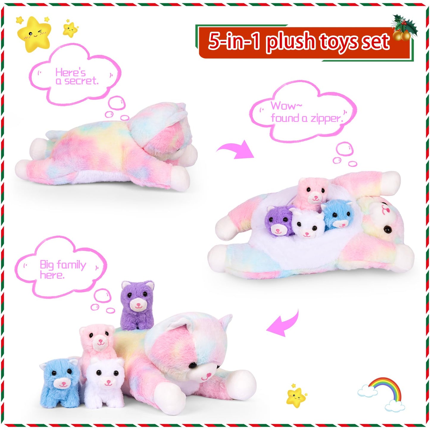 5 Pieces Cat Stuffed Animals For Girls, 1 Big Colorful Mommy Cat With 4 Mini Kittens, Soft Plush Toys For Kids Age 3 And Up, Gre