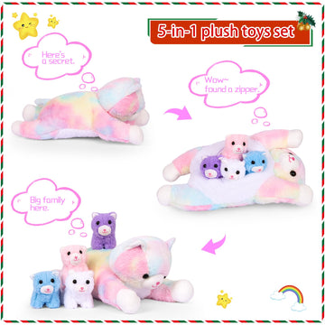 5 Pieces Cat Stuffed Animals For Girls, 1 Big Colorful Mommy Cat With 4 Mini Kittens, Soft Plush Toys For Kids Age 3 And Up, Gre