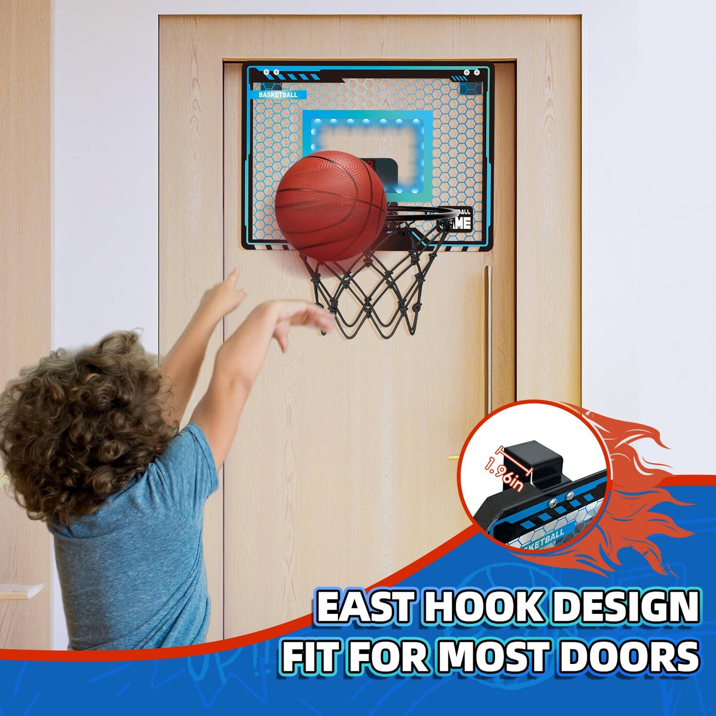 Folimix Mini Basketball Hoop Indoor For Kids, Basketball Hoop Over The Door With Led Lighting, Electronic Scoreboard & 3 Balls,