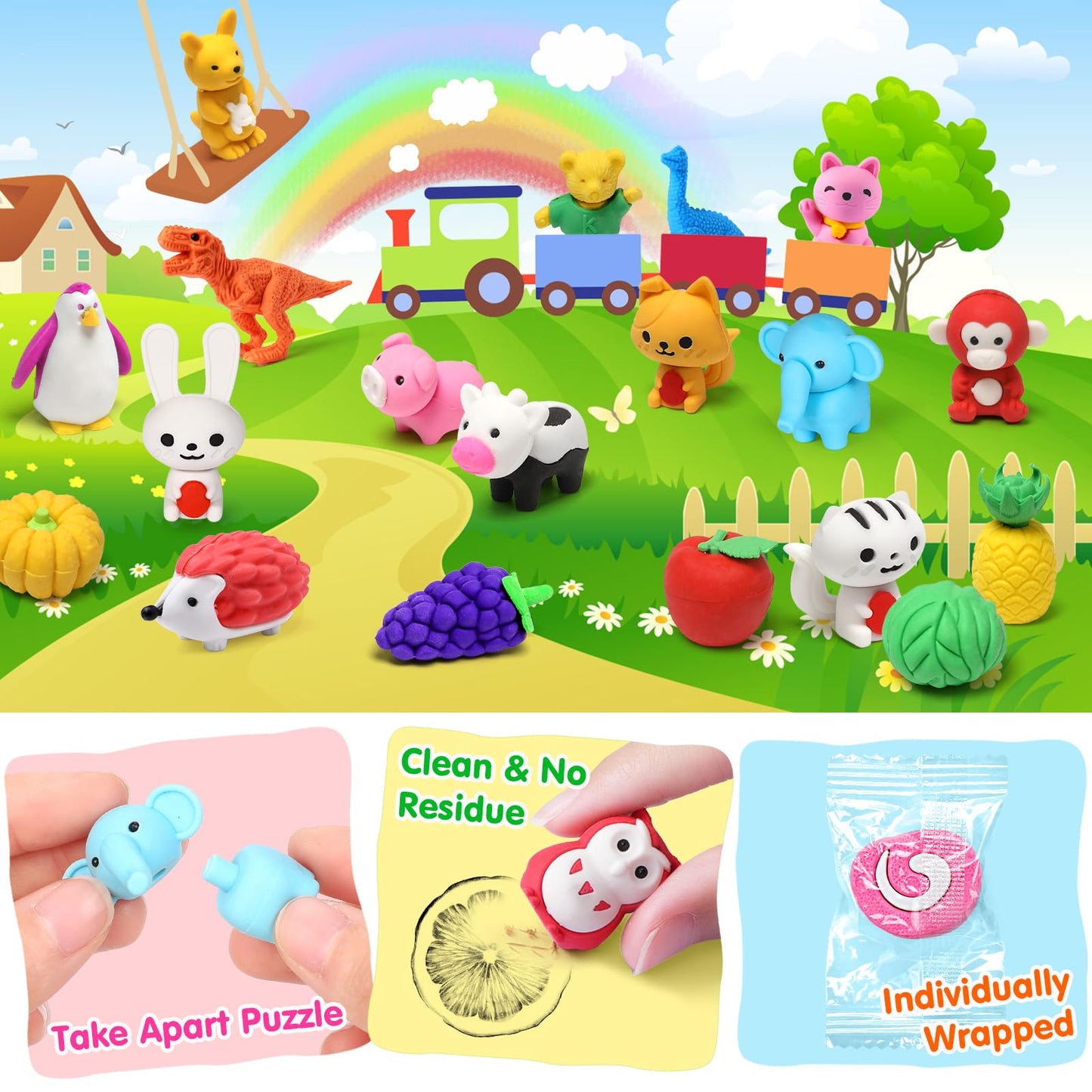Palmatte 40Pcs Mini Animal Erasers Kids Prizes Treasure Box Toys Classroom Rewards Desk Pets Pencil Erasers Bulk Cute School Supplies Kids Party Favors Goodie Bag Stocking Stuffers Easter Egg Fillers