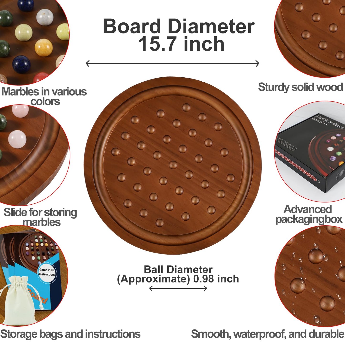 Medikaison Extra Large Solitaire Marble Game Set, Wood, 15.7 inches, Walnut, 36 Multicolor Stones, Classic Deluxe Game for Gatherings