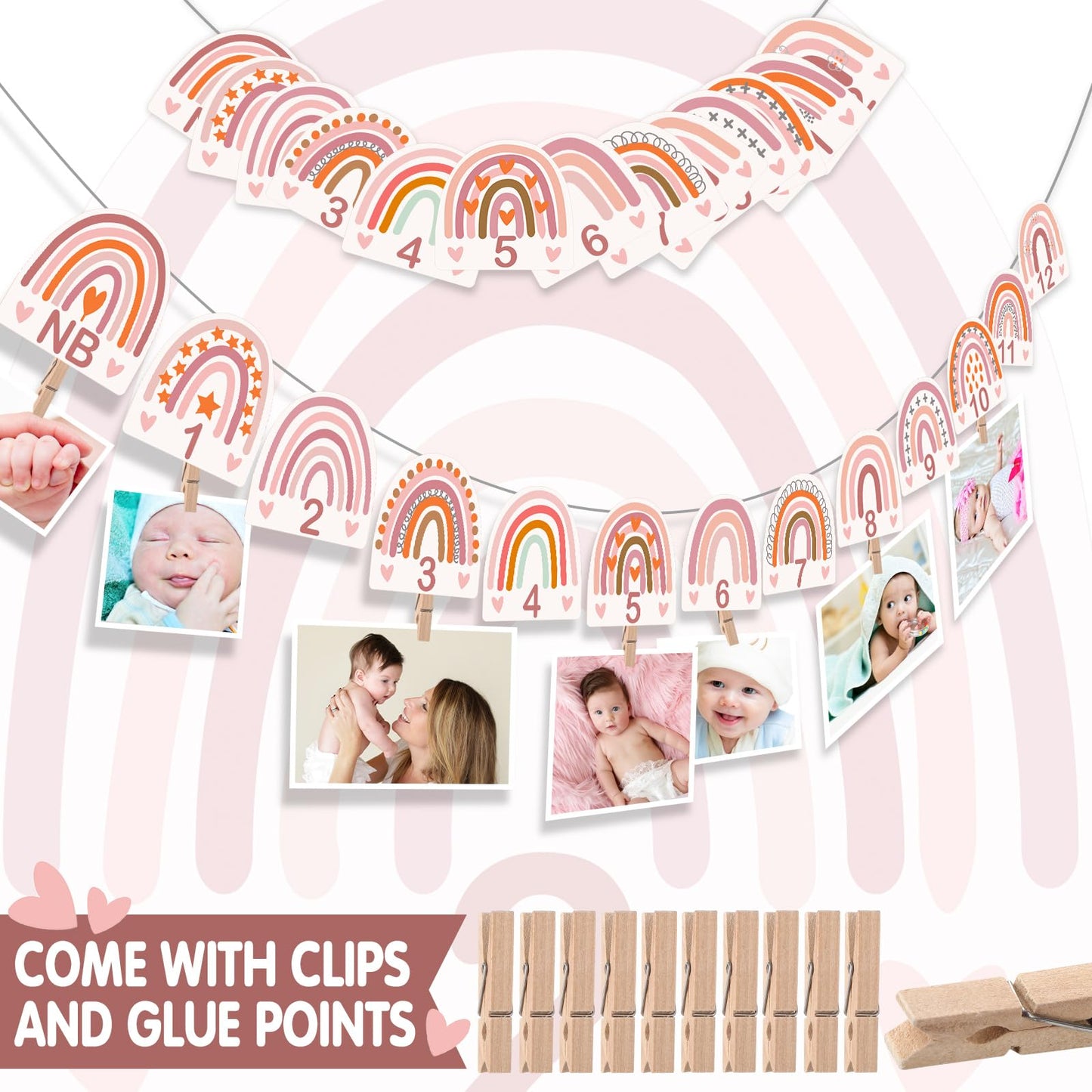 Laumoi 13 Pcs Rainbow First Birthday Photo Supplies Rainbow Baby Monthly Milestone Photo Banner Pink Garland from Newborn to 12