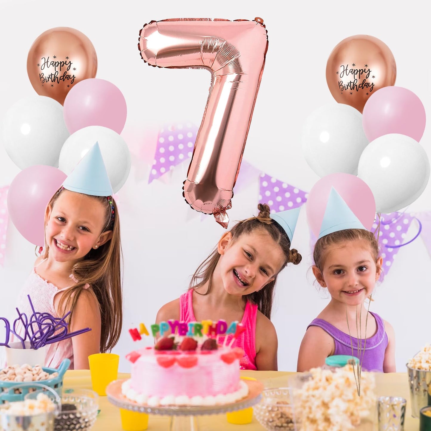 40 Inch Rose Gold Number 7 Balloon, 7Th Birthday Balloons, 11Pcs Rose Gold Birthday Print Balloons Matt White Pink Latex Balloon