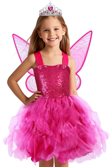 Soyoekbt Fairy Costume For Girls Princess Tutu Dress With Butterfly Wings For Girls Birthday Party Dress Up (Rose Red, 5-6 Years