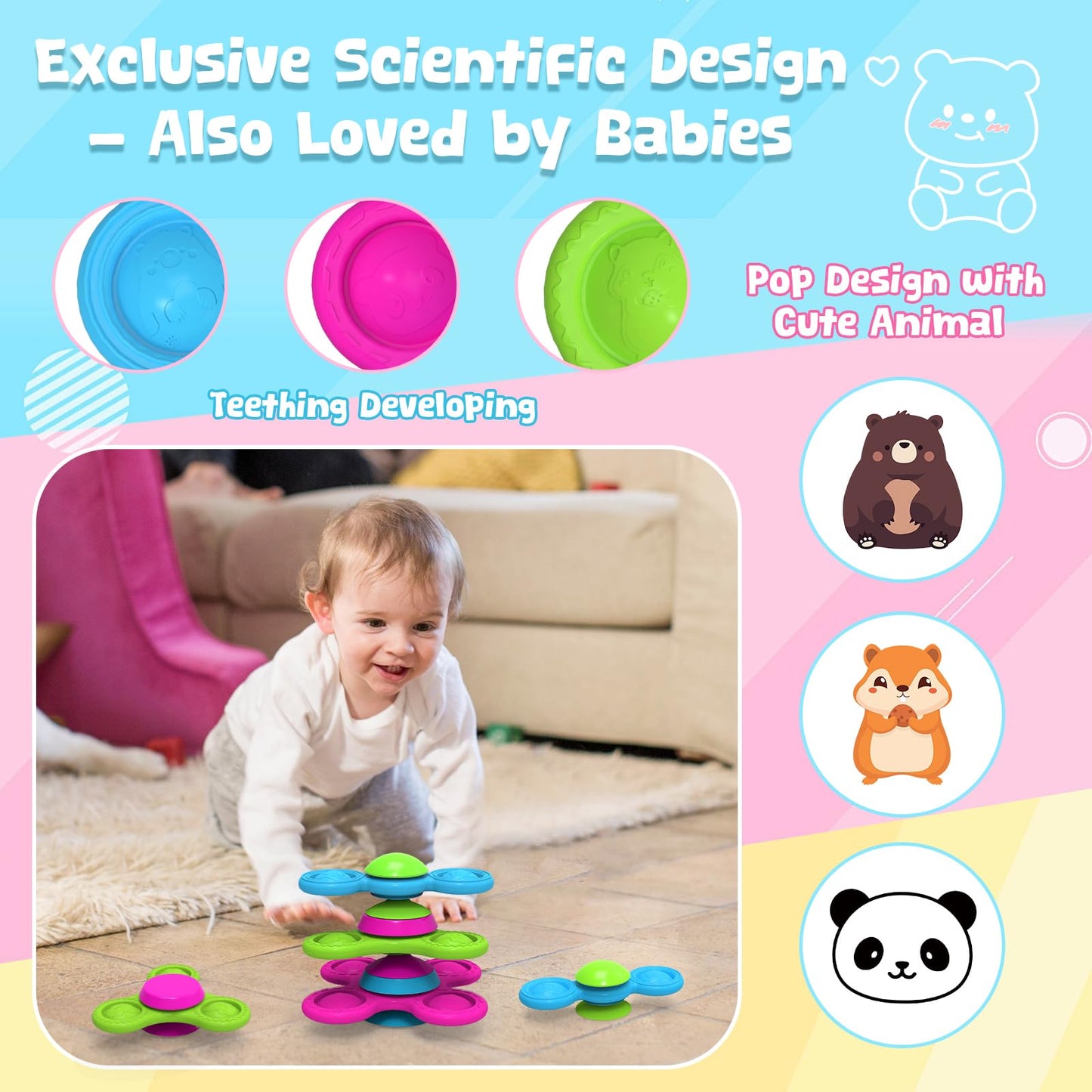 Suction Spinner Toy for Babies Cute Animals Spinning Toys for Toddlers Travel Toy Sensory Bath Toys for Babies 10-12 Months Gifts for Kids Suction Cup Toy