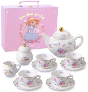 Porcelain Tea Set for Girls - White & Floral Tea Party Set for Kids I Complete Children Tea Sets with Carry Case, Teapot, Cups a