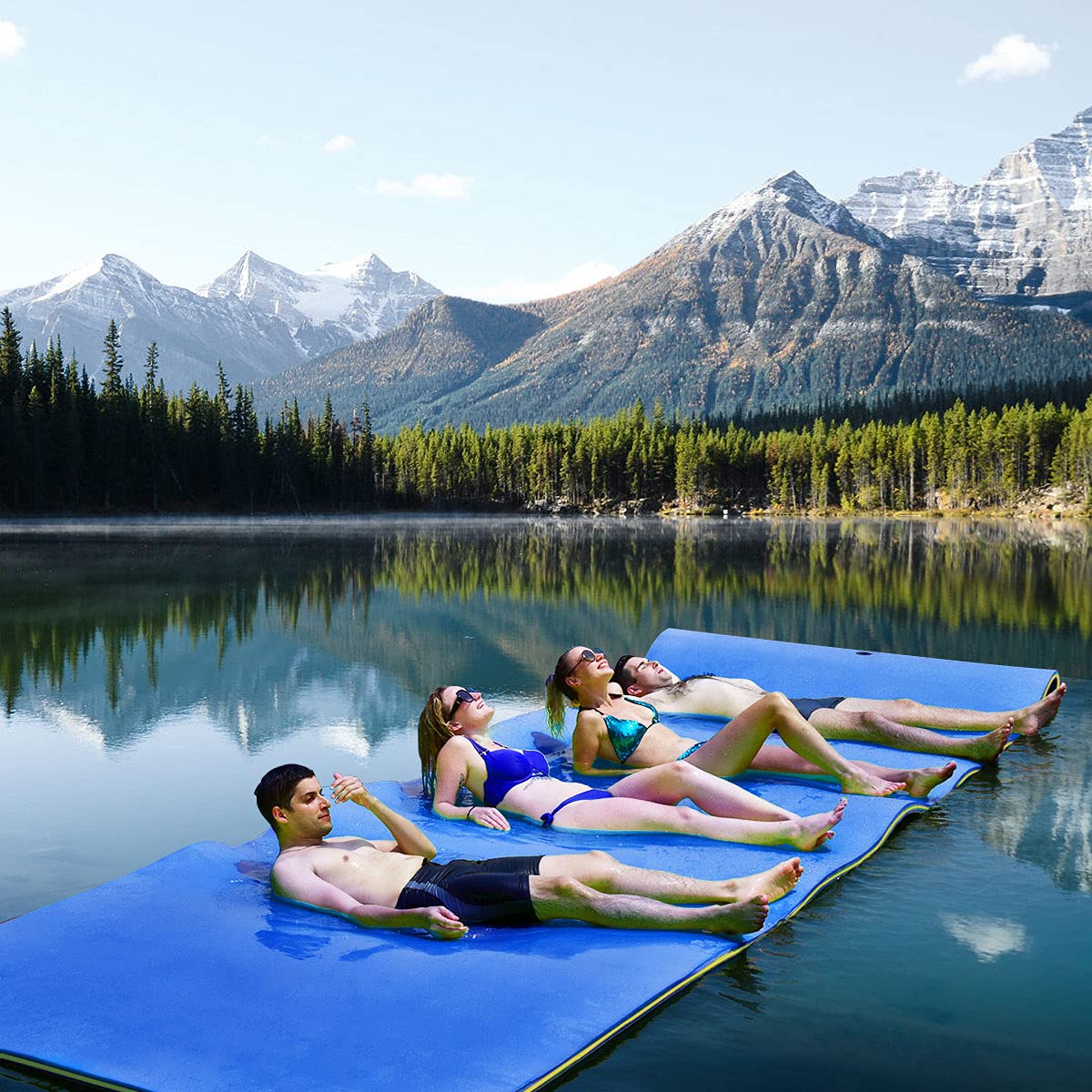 Gymax Floating Water Mat, 12' X 6' Foam Water Floating Pad With Safe Bungee Tether And Storage Straps, 3-Layer Xpe Foam Floating