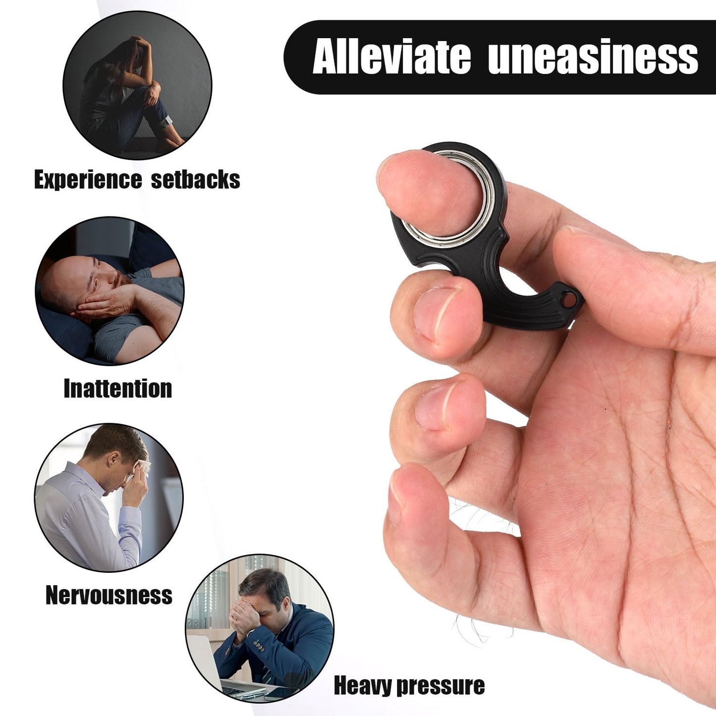 2Pcs Key Chain Spinner Toys 0.67' Inner Diameter With 2Pcs Key Rings, Finger Fidget Keychain Key Ring Spinner Toy Gifts For Kids Adults Finger Exercising Anxiety Relief (Black, Silver)