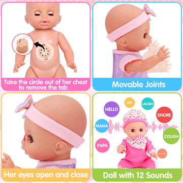 Tsomtto 12” Baby Doll Play Set Carrier - Pink Diaper Bag for Girls, Interactive Pretend Play Toy & Accessories for Toddlers 3-5 Years