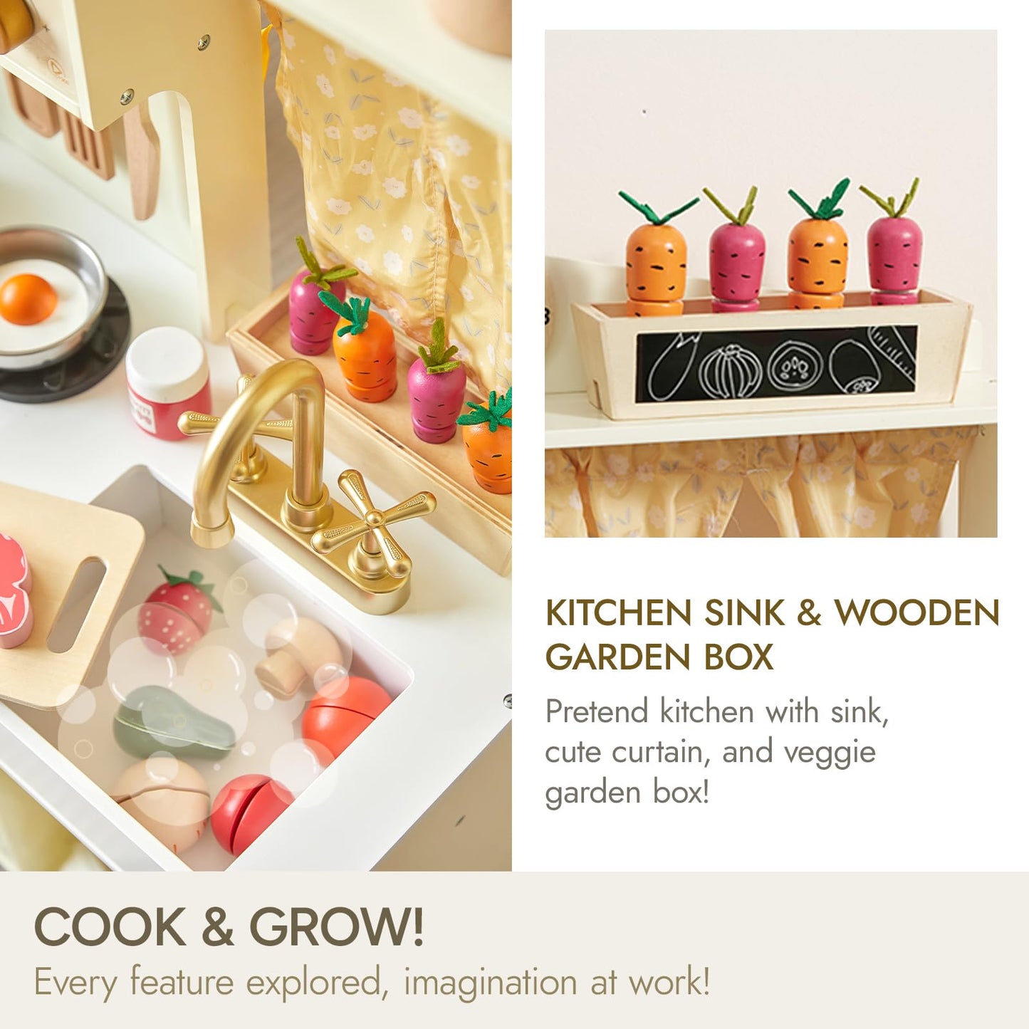 Giant Bean Wooden Play Kitchen, Toddler Kitchen Playset, With Microwave Play Sink Ice Maker Oven Cookware Accessories Playset, P