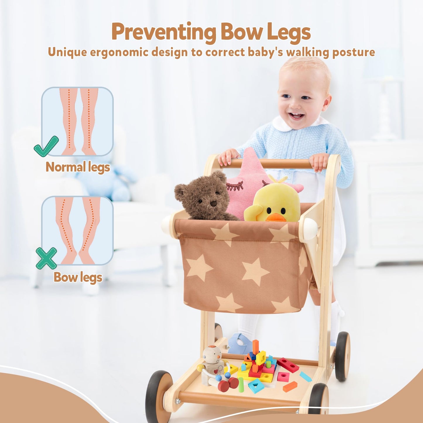 Asweets 2 In 1 Wooden Baby Walker Push And Pull Doll Stroller,Shopping Cart Learning Walker For Boys And Girls Sit Stand Learning Walker Toddler Toy (Brown)