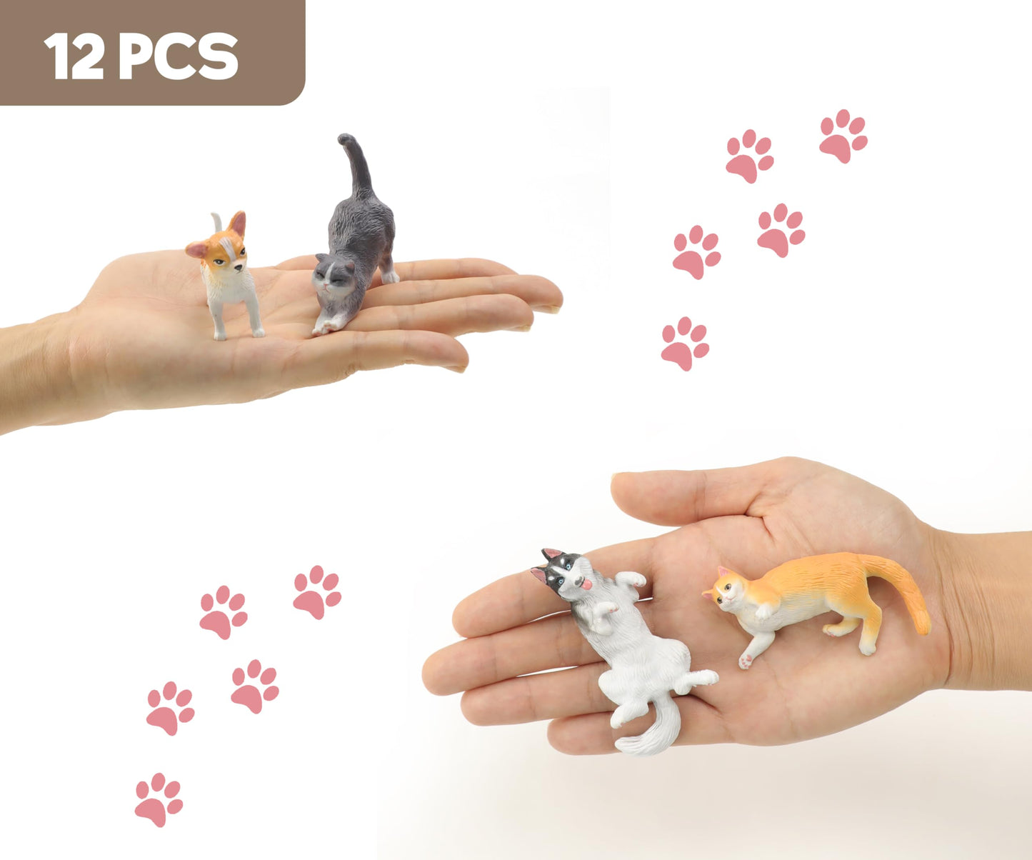 Recur Cats And Dogs Animal Figurines Desk Pets Miniature Figure Cake Topper, 100% Hand-Painted, Mini Pets Figure For Kids - 12 Pcs
