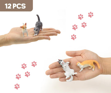 Recur Cats And Dogs Animal Figurines Desk Pets Miniature Figure Cake Topper, 100% Hand-Painted, Mini Pets Figure For Kids - 12 Pcs