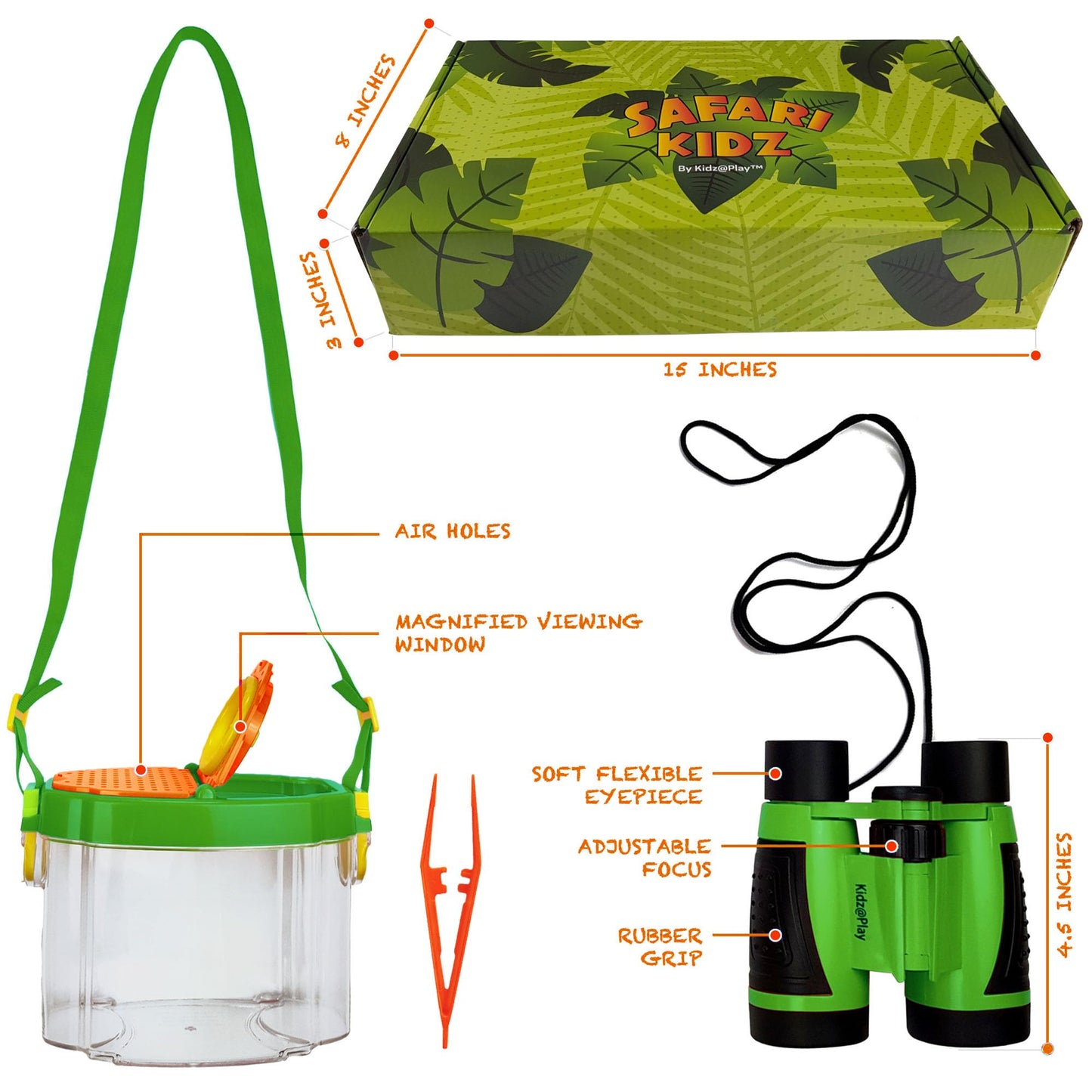 Kidz@Play Bug Hunting Kit, Vest, Hat, Binoculars, Lg. Net, Bug Container, Whistle, Flashlight, Magnifier, Thermostat, Compass (Green)