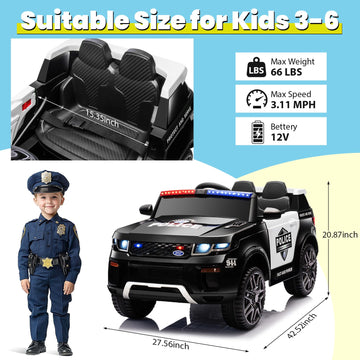 Hikole 12V Ride On Police Car For Kids 4-8, 12V Electric Car For Kids With Remote Control, 2 * 30W Motor, Music, Alarm Lights, M