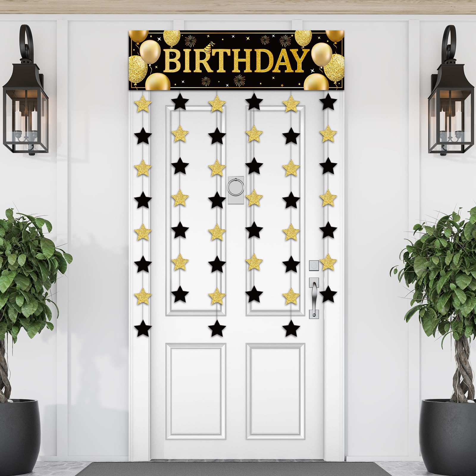 Blosssound Happy Birthday Door Decorations Golden Door Cover Banner Black and Gold Hanging Star Garland Porch Sign Backdrop Door