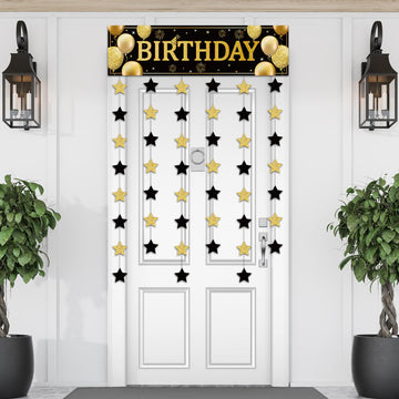 Blosssound Happy Birthday Door Decorations Golden Door Cover Banner Black and Gold Hanging Star Garland Porch Sign Backdrop Door