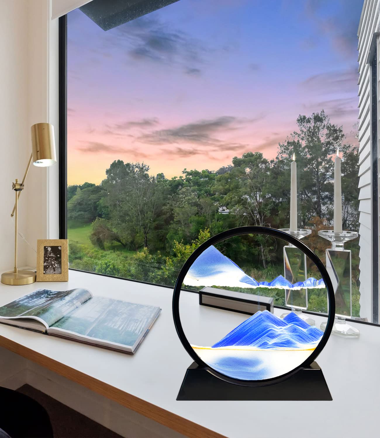 Hyugf 12'' Moving Sand Art Picture Ocean Decor - 3D Deep Sea Sandscape Liquid Motion, Round Glass Frame Display Flowing Sand Rel