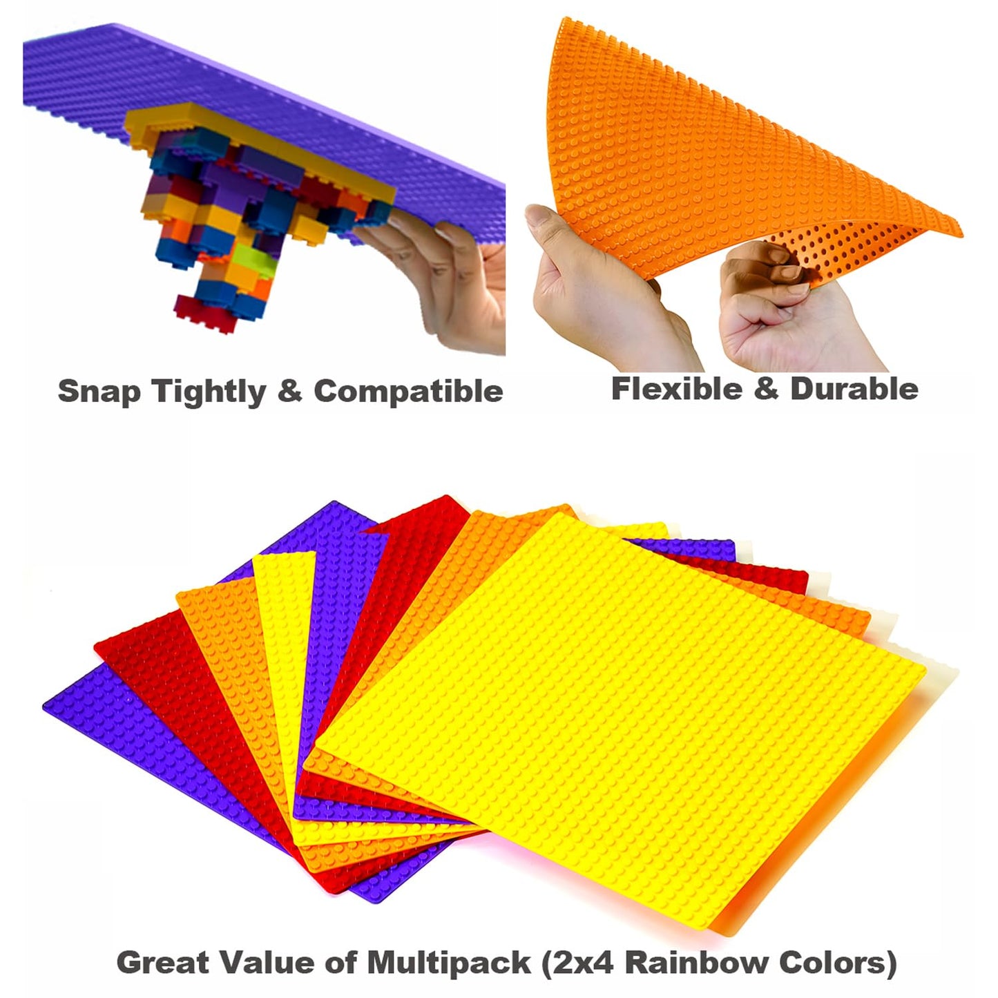 Bestoyz Building Bricks Baseplates Multipack, 32X32 Stud, 8 Pack Of Base Plates In 4 Rainbow Color: Orange, Red, Yellow & Purple, Base For Building Blocks Creations, 10X10 In. (25.5X25.5 Cm)