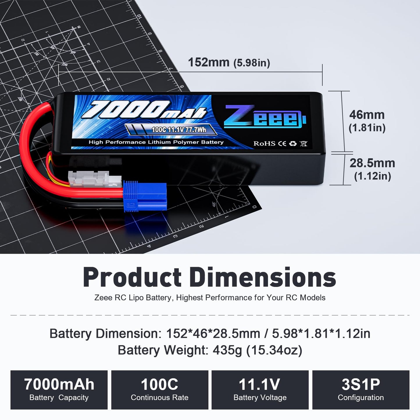 Zeee 3S Lipo Battery 7000mAh 11.1V 100C RC Batteries EC5 Connector Soft Case with Metal Plates for RC Car Truck Tank Racing Mode