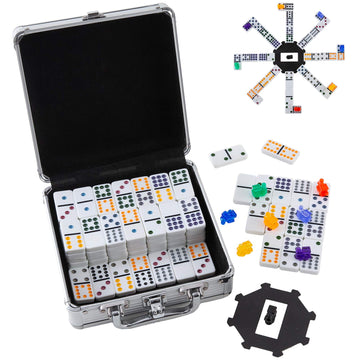 Homwom Double 12 Colored Dot Dominoes Set - 91 Tiles, 9 Trains, Octagon Hub, Aluminum Case, White