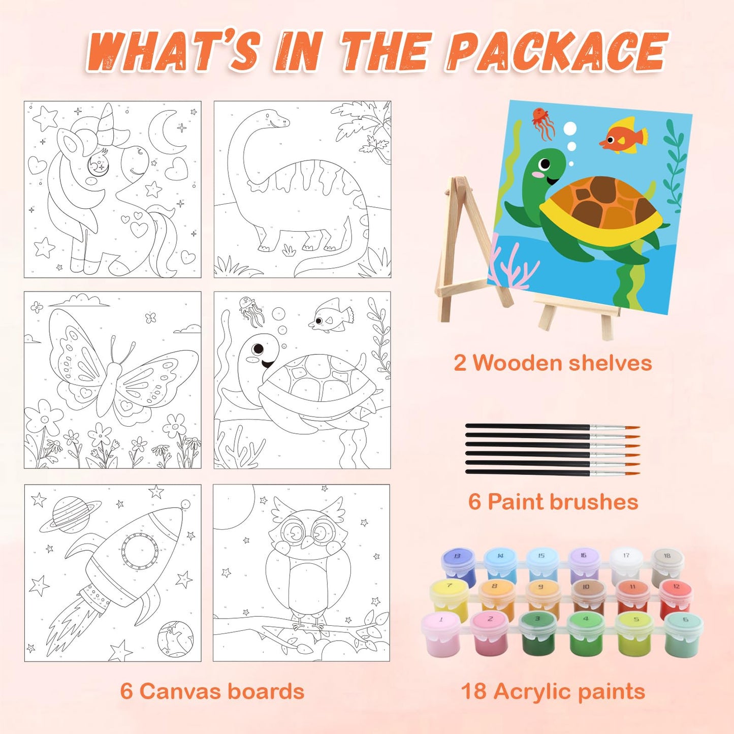 goldentime 6 Pack 8x8inch Paint by Numbers Kit for Kids, Predrawn Canvas for Painting with Unicorn, Butterfly & More, Includes 1