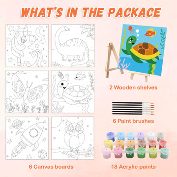 goldentime 6 Pack 8x8inch Paint by Numbers Kit for Kids, Predrawn Canvas for Painting with Unicorn, Butterfly & More, Includes 1