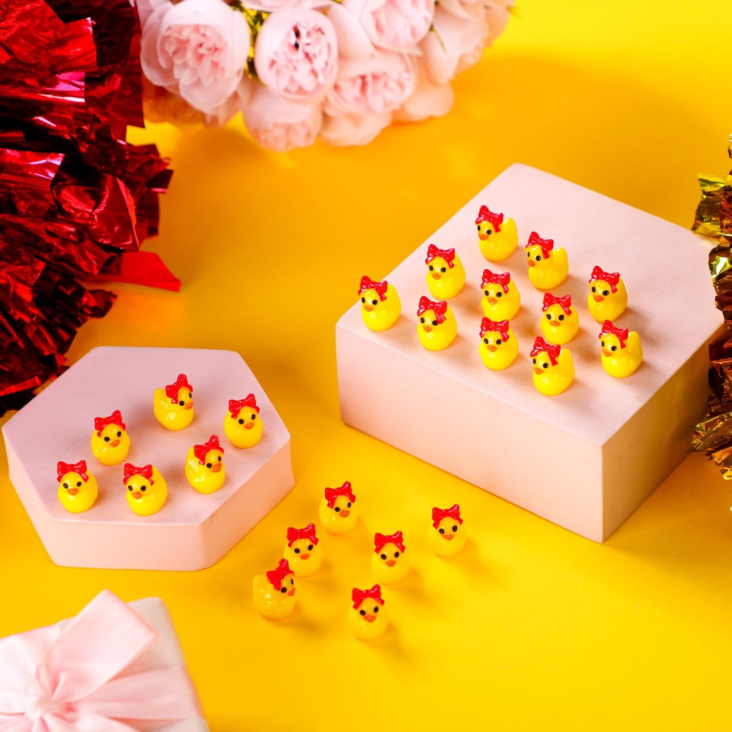 Weysat Mini Cheer Ducks 60 Pcs Resin Figurines - 5.91" Red & Yellow Cheerleader Gifts, Tabletop Decorations, Model CHI-Weysat-4058