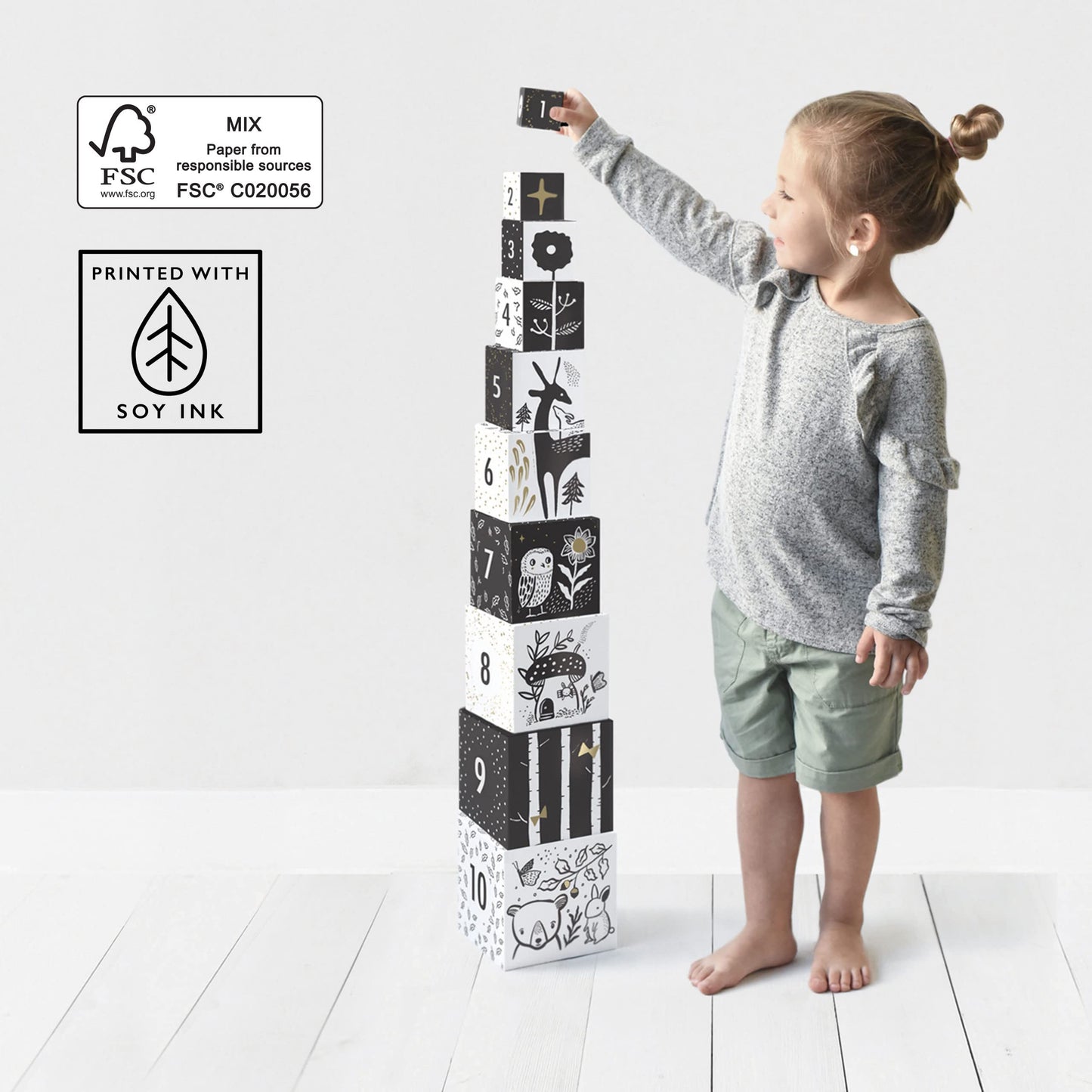 Wee Gallery Nesting Blocks - Woodland Animals And Numbers, Black And White Stacking And Building Toy For Toddlers And Kids, Motor Skills, Creative Play And Problem Solving For Children (Age 2 And Up)
