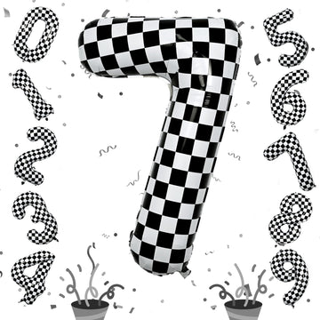 Number 7 Balloon For Boys, Giant Checkered Self Inflating Number 0-9 Set Decor For Girls, 40 Inch Foil Helium Black And White Ra
