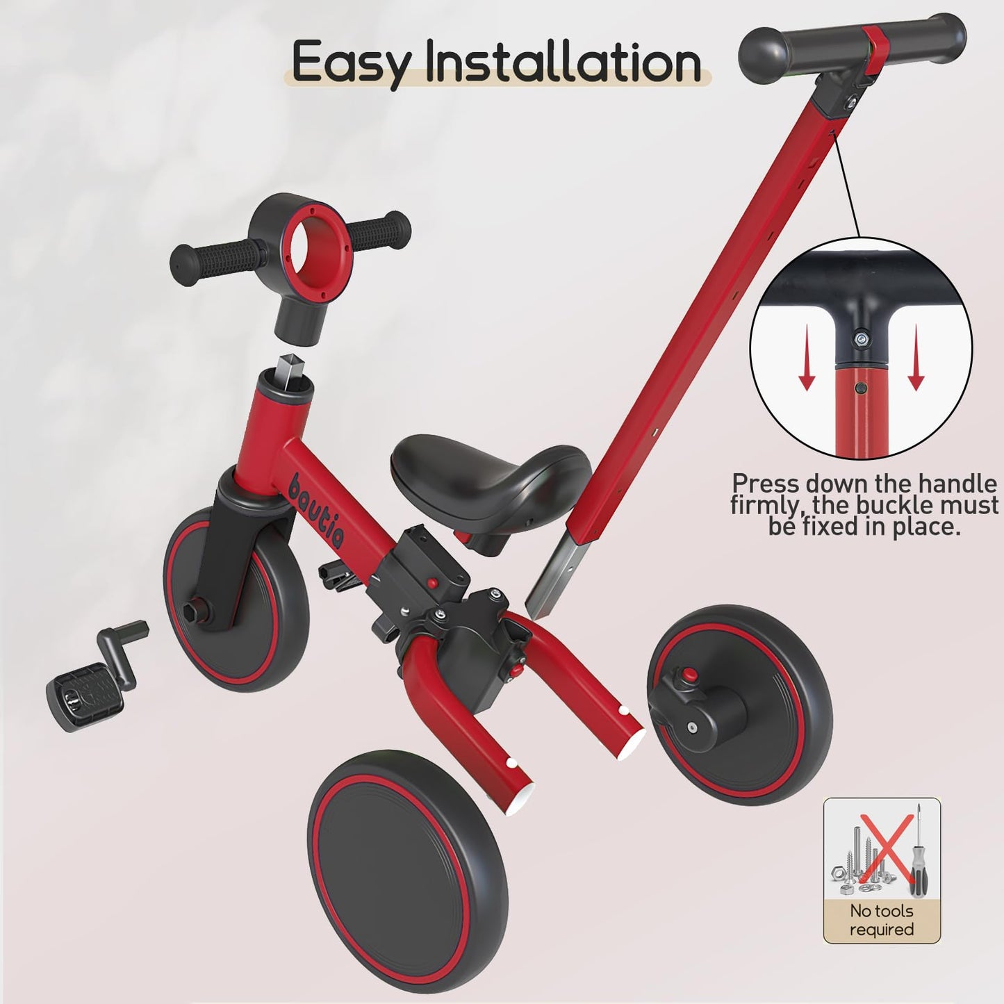 Bautia Kids Tricycle for Toddlers 1-3 with Push Handle, 5 in 1 Baby Balance Bike Toy for 1-4 Years Old Boys Girls Gift with Remo