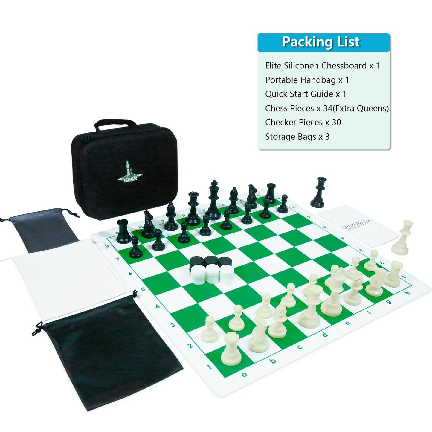 Travel Chess Set 20'' Silicone Chess Board-3.75'' King Height Plastic Chess Piece, Extra Queens & Storage Bag, 2 In 1 Portable C