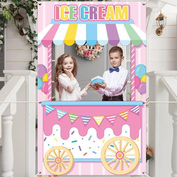 Ice Cream Shoppe Photo Prop Backdrop For Girl'S Ice Cream Birthday Party Decorations Fabric Sweet Ice Cream Backdrop Background Banner Birthday Party Supplies Ice Cream Party Favors 62.9 X 39.3 Inch