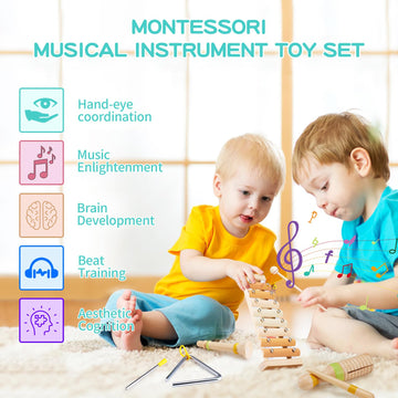 Baby Musical Instruments Montessori Wooden Music Toys Set 1-3 Gifts Kids Toddler Percussion Drum Modern Boho Xylophone With Stor