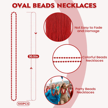 100 PCS Red Mardi Gras Beads, Red Oval Beads Necklaces Christmas Necklaces 30.5'' Metallic Beaded Costume Necklaces Party Neckla