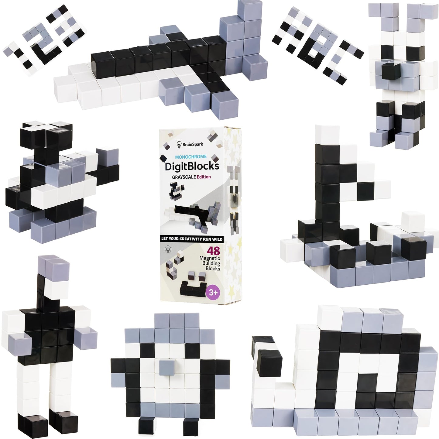 48PCS Pastel Transparent DigitBlocks Magnetic Building Blocks for Kids Montessori STEM Toys for Boys Girls Ages 3-9 Includes Car