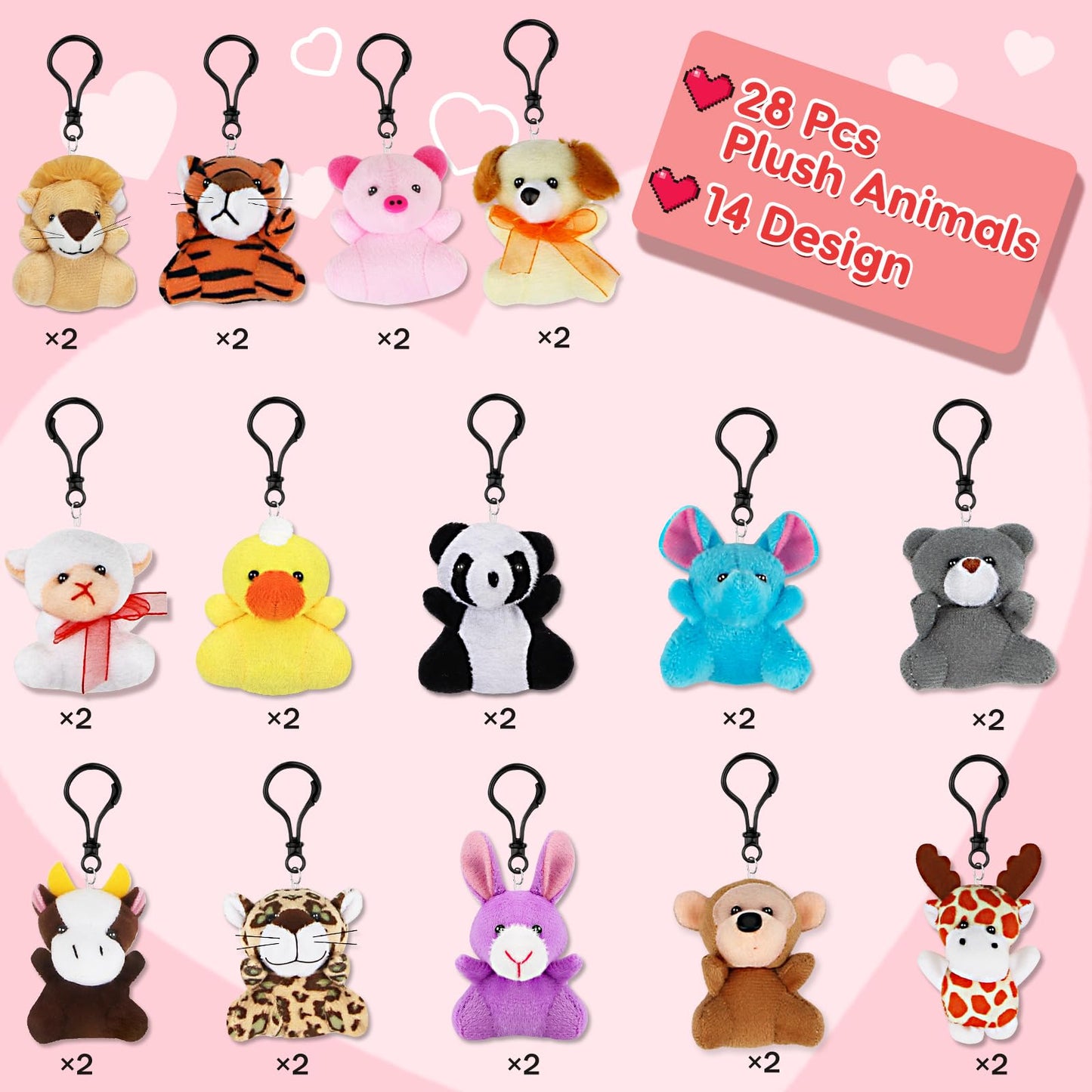 Aitbay Valentines Day Gifts Toys For Kids - 28 Packs Valentines Day Cards With Mini Animal Plush Toy Set - Valentine Exchange Cards Gift Classroom Prize Party Favors School Rewards Gift Exchange